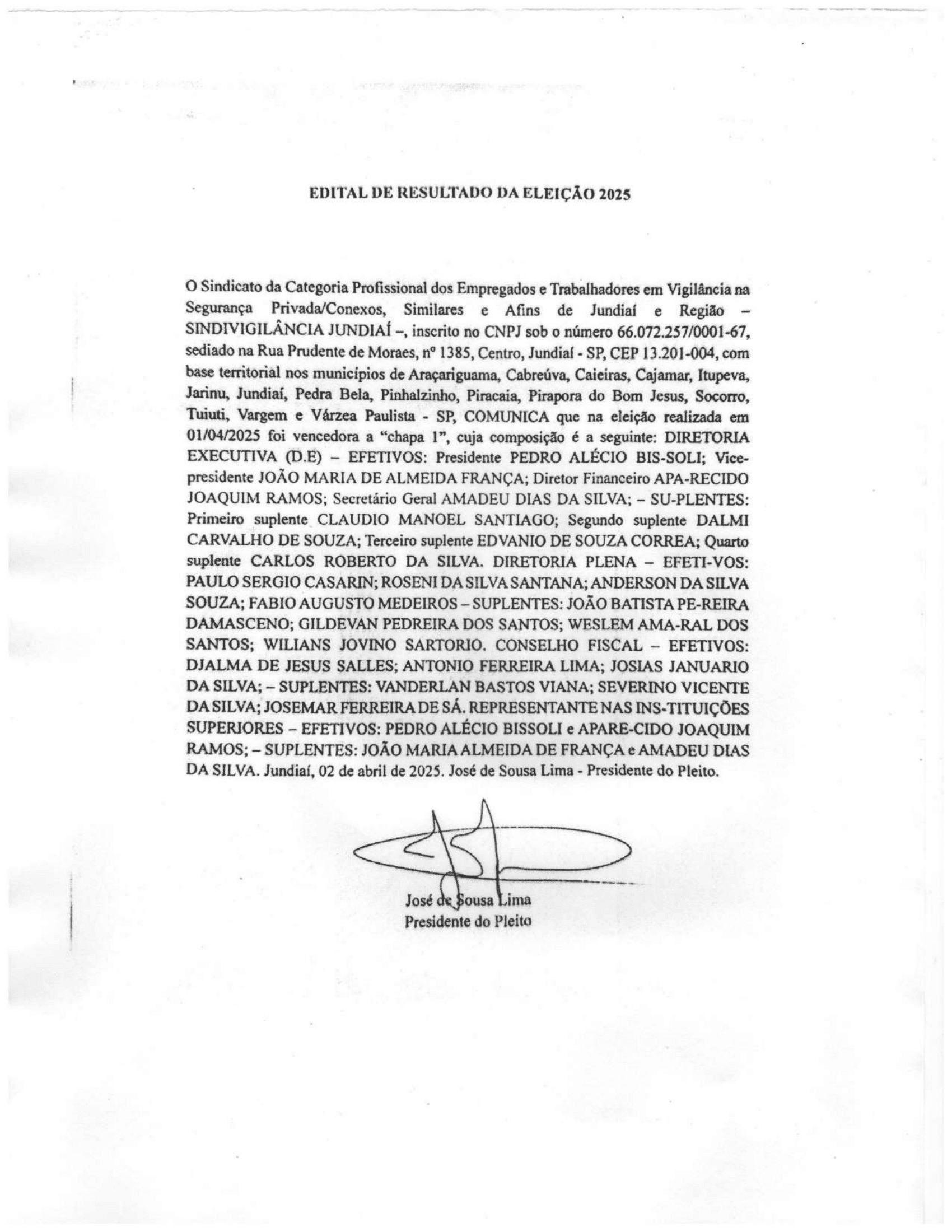 EDITAL RESULTADO ELEIÇÕES SINDICATO 25